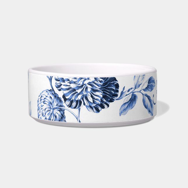 Periwinkle Blue Floral Toile Customise Pet Name Bowl (Left)