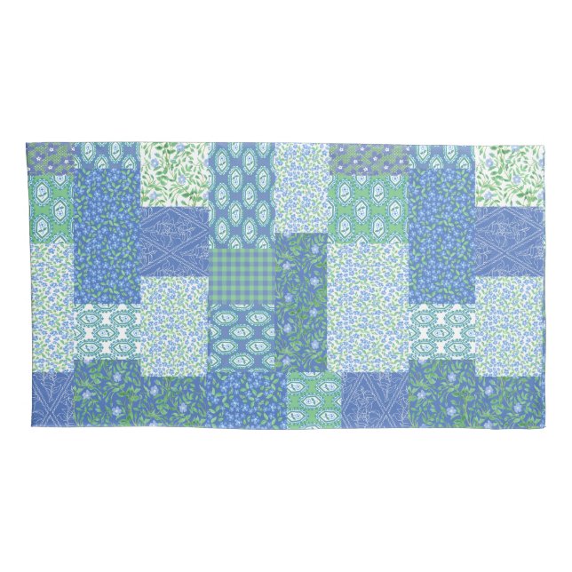 Periwinkle Blue Green Faux Patchwork Pattern Pillowcase (Back-Right)