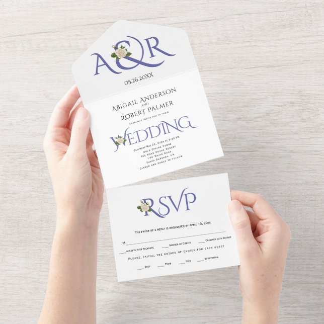 Periwinkle blue initials, ampersand, rose wedding all in one invitation (Tearaway)