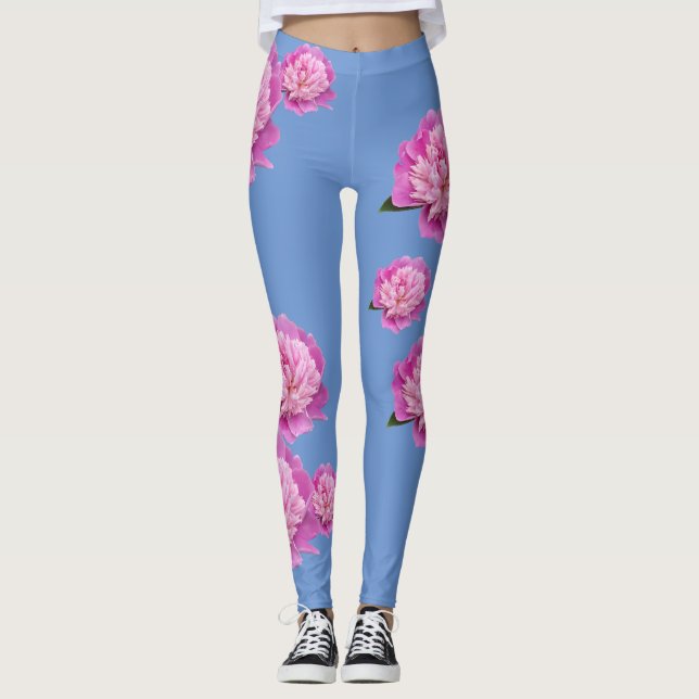 Periwinkle Blue Leggings with Pink Flower Design (Front)