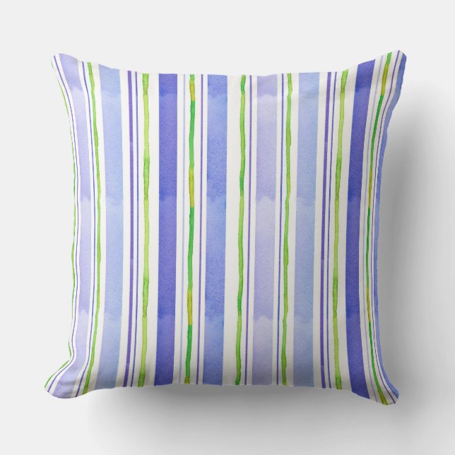 Periwinkle Blue Lime Green Watercolor Stripe Cushion (Front)