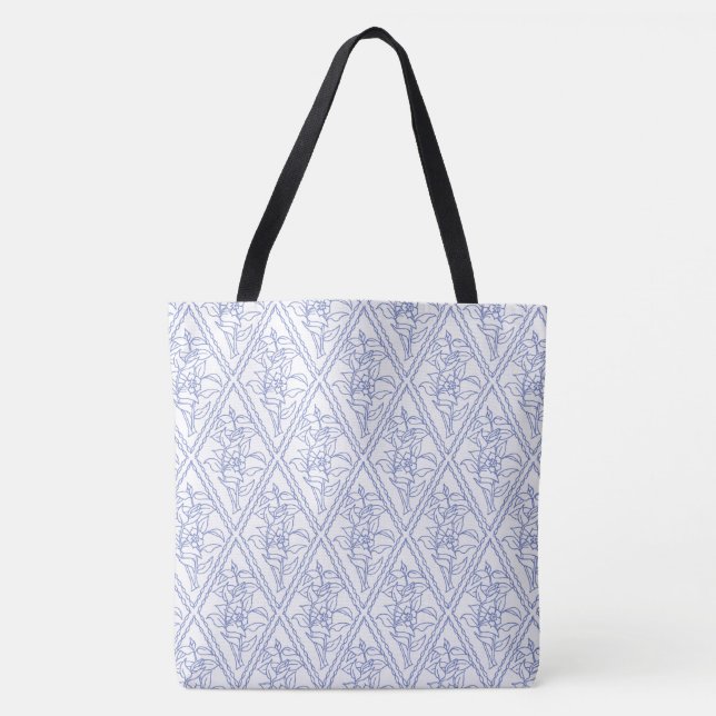 Periwinkle Blue on White Floral Diamond Pattern Tote Bag (Front)