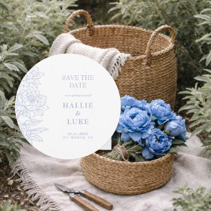 Periwinkle Blue Peony Wedding Round Save the Date Invitation