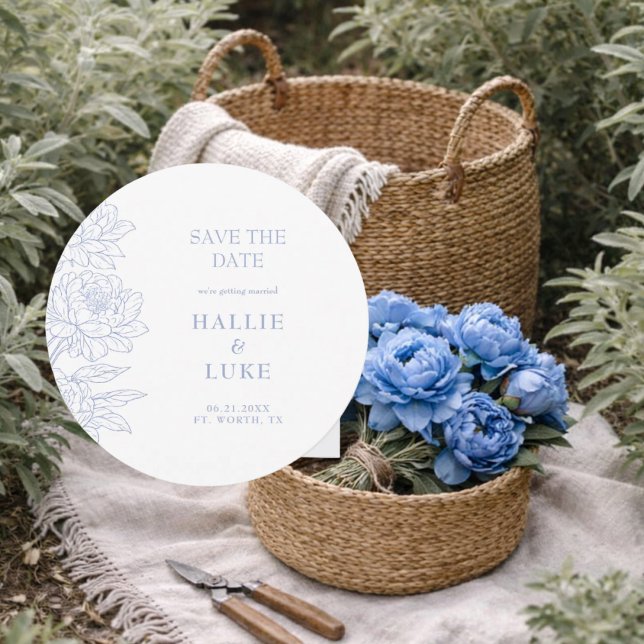Periwinkle Blue Peony Wedding Round Save the Date Invitation (Creator Uploaded)