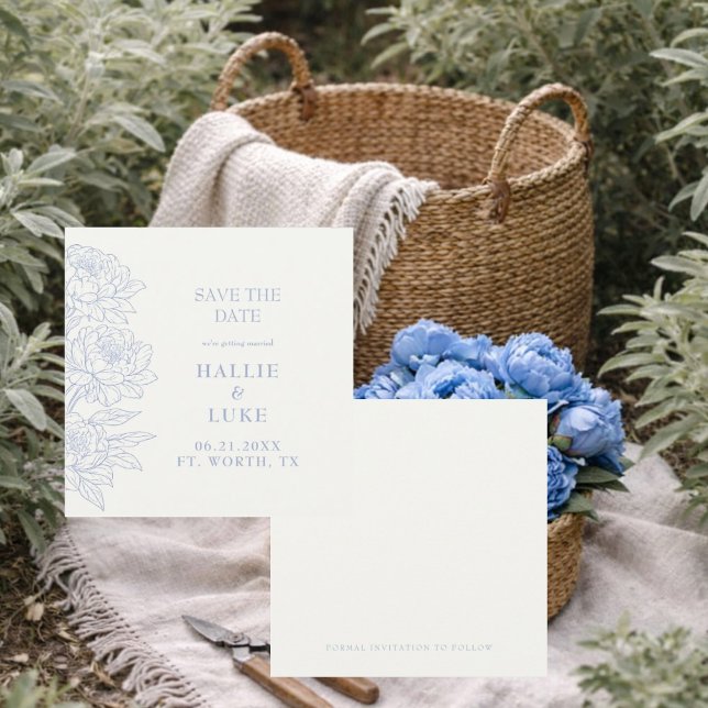 Periwinkle Blue Peony Wedding Square Save Date Invitation (Creator Uploaded)