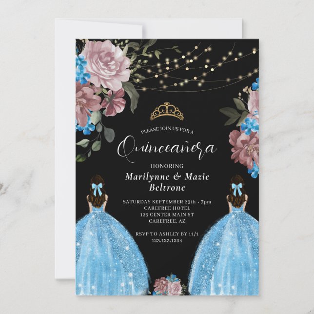 Periwinkle Blue Princess Floral Twins Quinceañera Invitation (Front)