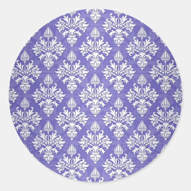 Periwinkle Blue Purple Artichoke Damask Pattern Classic Round Sticker (Front)