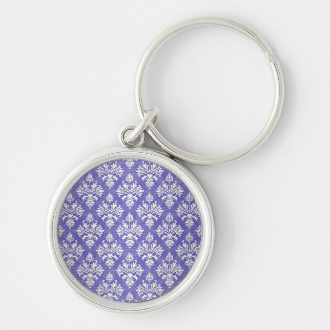Periwinkle Blue Purple Artichoke Damask Pattern Key Ring (Front)