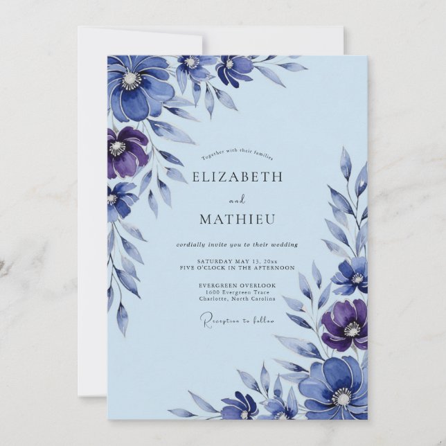 Periwinkle Blue Romantic Botanical Wedding Invitation (Front)