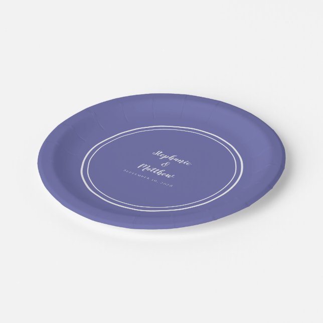Periwinkle Blue Simple Modern Bride Groom Wedding Paper Plate (Angled)