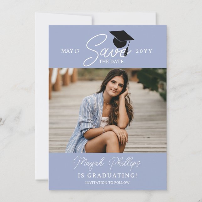 Periwinkle Blue Typography Photo Graduation Save The Date (Front)