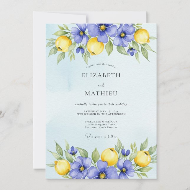 Periwinkle Blue Vibrant Citrus Wedding Invitation (Front)