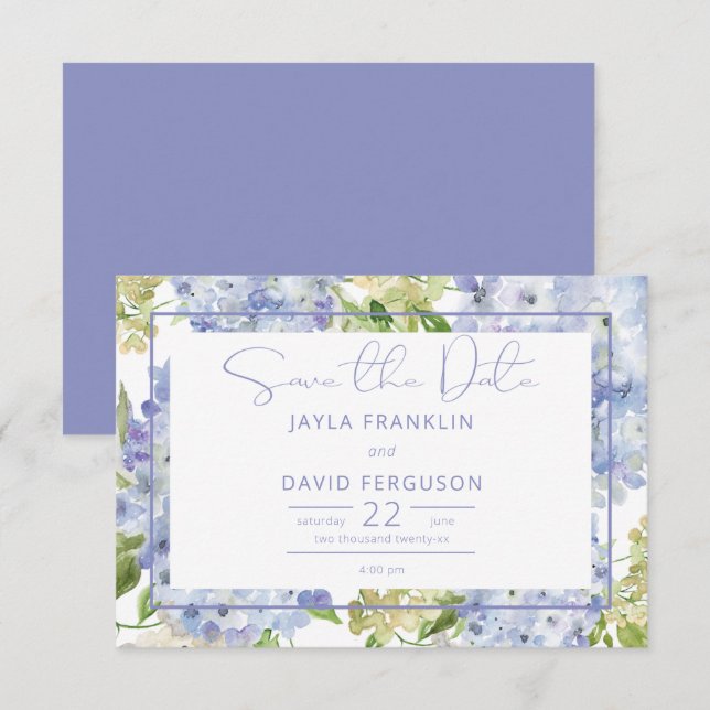 Periwinkle Blue White Hydrangea Wedding Save The Date (Front/Back)