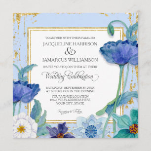 Periwinkle Blue White Watercolor Floral Gold Frame Invitation