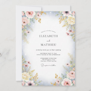 Periwinkle Blush Champagne Peony Wedding Invitation