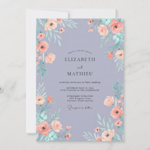 Periwinkle Blush Peach Peony Wedding Invitation