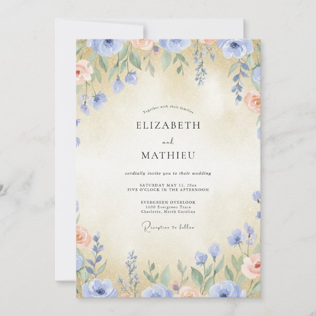 Periwinkle Blush Peach Wildflower Wedding Invitation (Front)