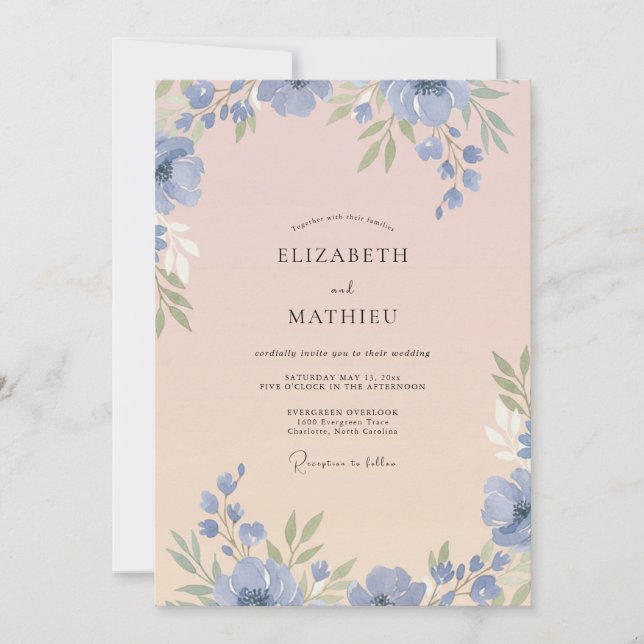 Periwinkle Blush Pink Petal Wedding Invitation (Front)