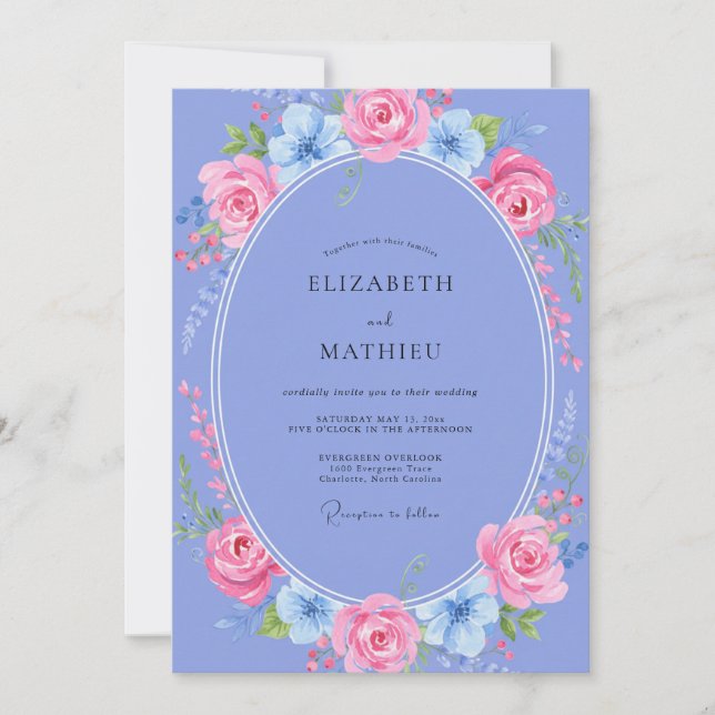 Periwinkle Blush Wreath Wedding Invitation (Front)