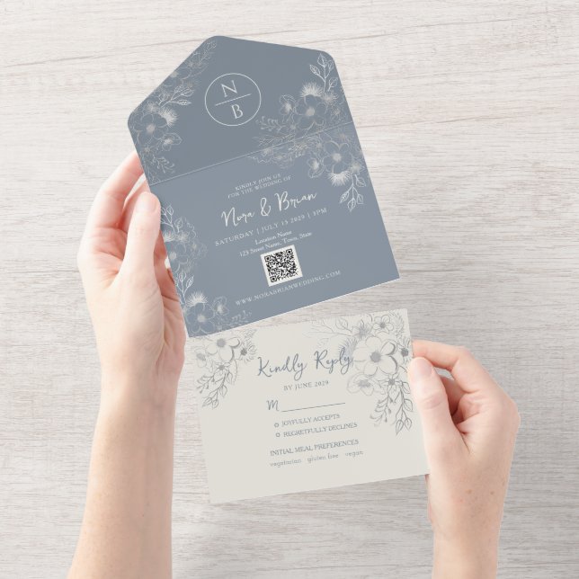 Periwinkle Boho Dusty Blue Wedding All In One Invitation (Tearaway)