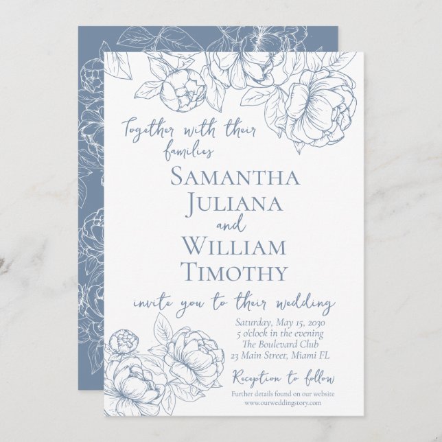 Periwinkle Botanical Floral Elegant Modern Wedding Invitation (Front/Back)