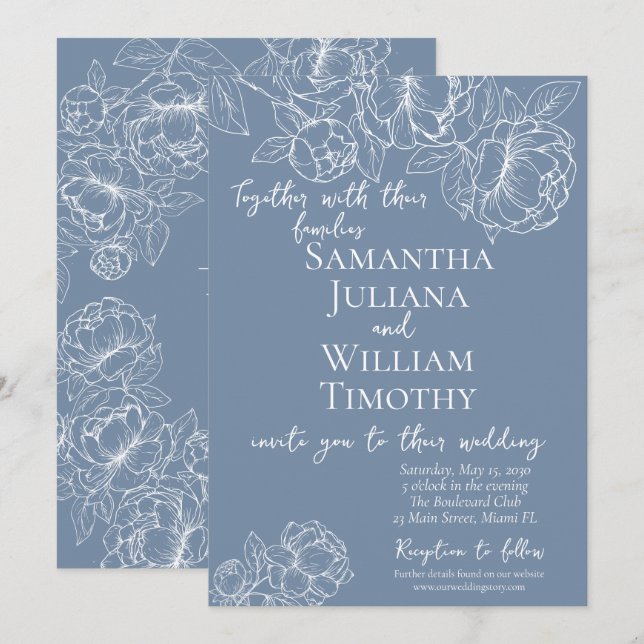 Periwinkle Botanical Floral Elegant Modern Wedding Invitation (Front/Back)