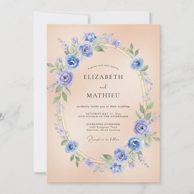 Periwinkle Botanical Wreath Wedding Invitation (Front)
