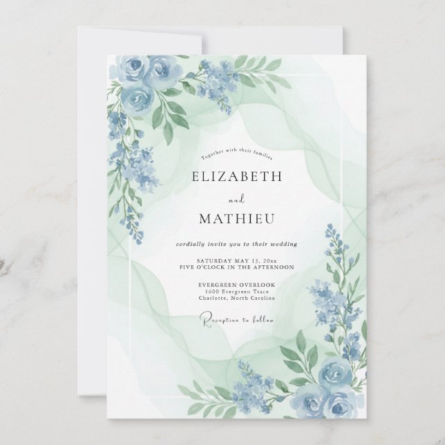 Periwinkle Celadon Peony Wedding Invitation (Front)