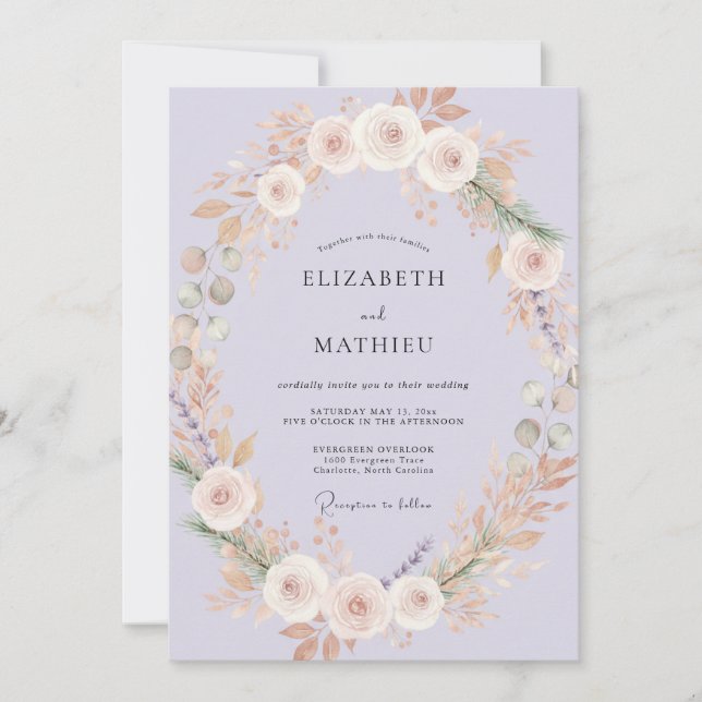 Periwinkle Champagne Ranunculus Soft Eucalyptus We Invitation (Front)