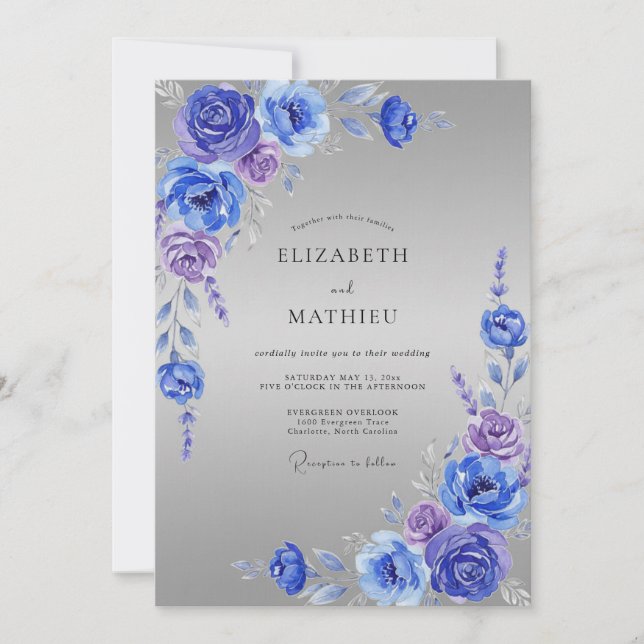 Periwinkle Cobalt Rose Wedding Invitation (Front)