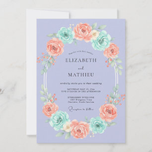 Periwinkle Coral Aqua Wreath Wedding Invitation