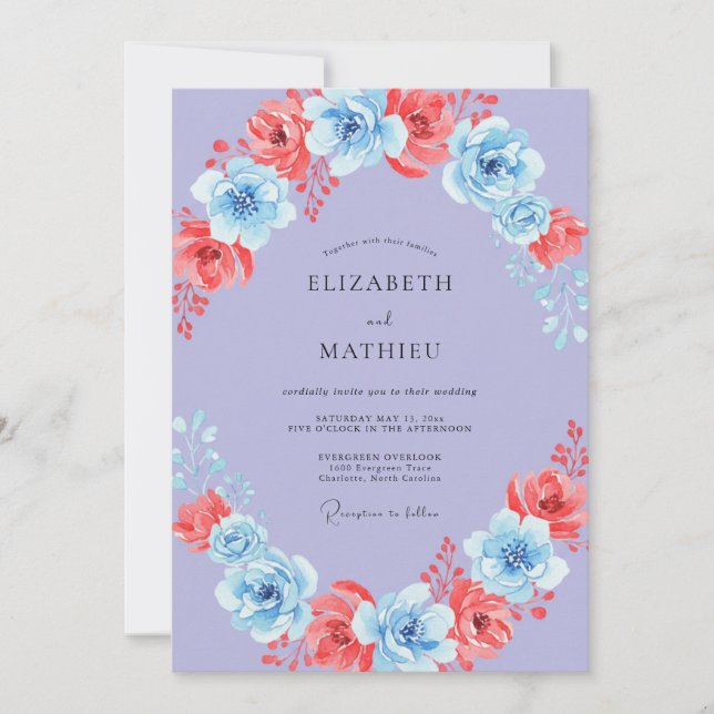 Periwinkle Coral Ranunculus Sage Wedding Invitation (Front)
