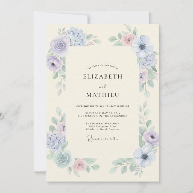 Periwinkle Cornflower Foliage Eucalyptus Wedding Invitation (Front)