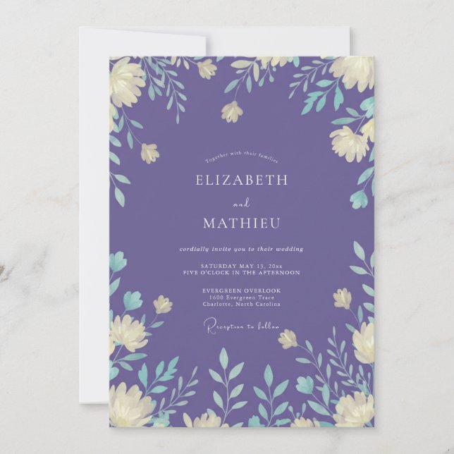 Periwinkle Cream Foliage Eucalyptus Wedding Invitation (Front)