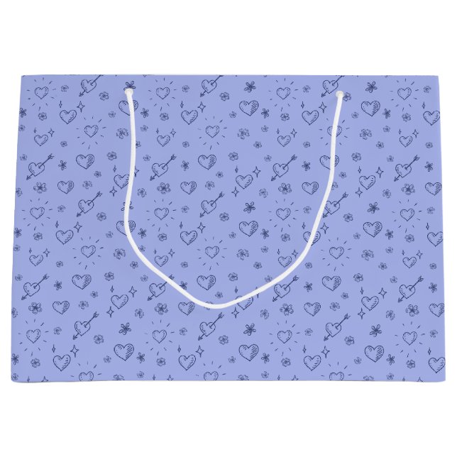 Periwinkle Doodle Flowers and Hearts Patterned Large Gift Bag (Front)