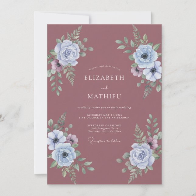 Periwinkle Dusty Clay Bloom Wedding Invitation (Front)