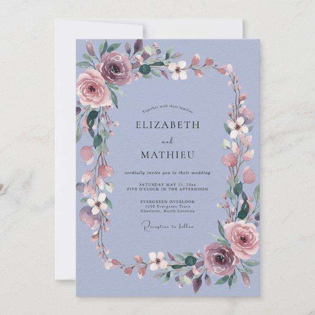 Periwinkle Dusty Pink Wreath Wedding Invitation (Front)
