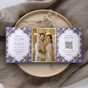 Periwinkle Floral Pattern QR Code Indian Wedding Tri-Fold Invitation