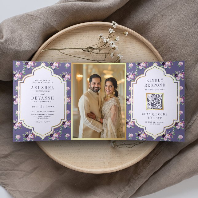 Periwinkle Floral Pattern QR Code Indian Wedding Tri-Fold Invitation (Creator Uploaded)