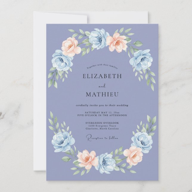 Periwinkle Floral Wreath Wedding Invitation (Front)