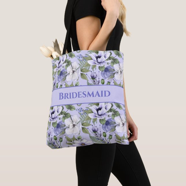 Periwinkle Florals Purple Wedding Bridesmaid Gift Tote Bag (Close Up)