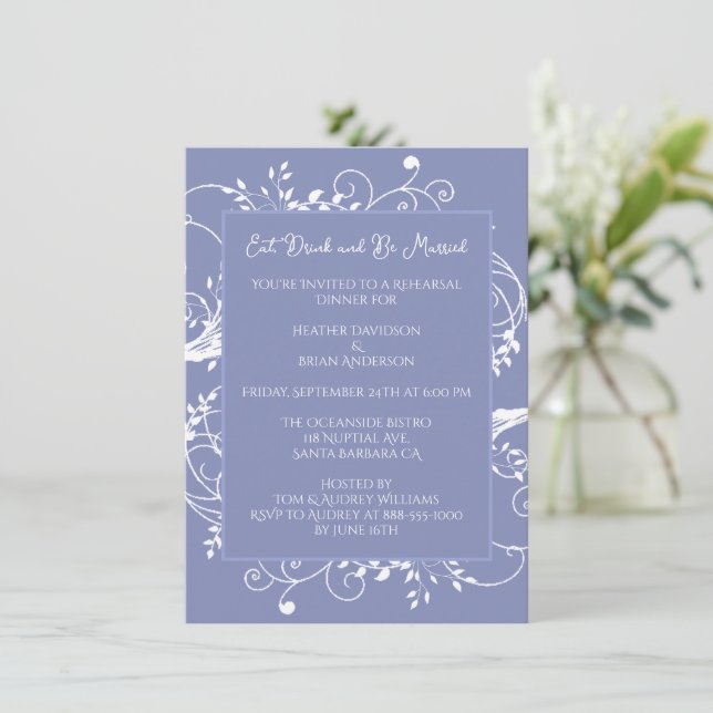 Periwinkle Flourish Rehearsal Dinner Invitation (Standing Front)