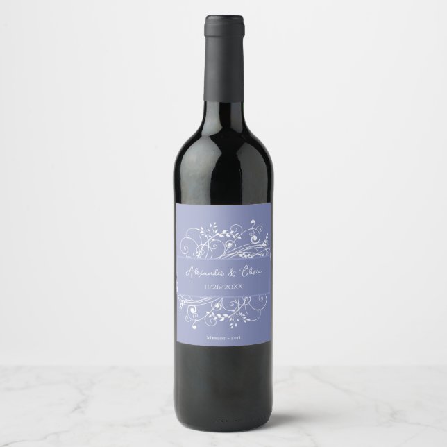 Periwinkle Flourish Wedding Wine Label (Front)