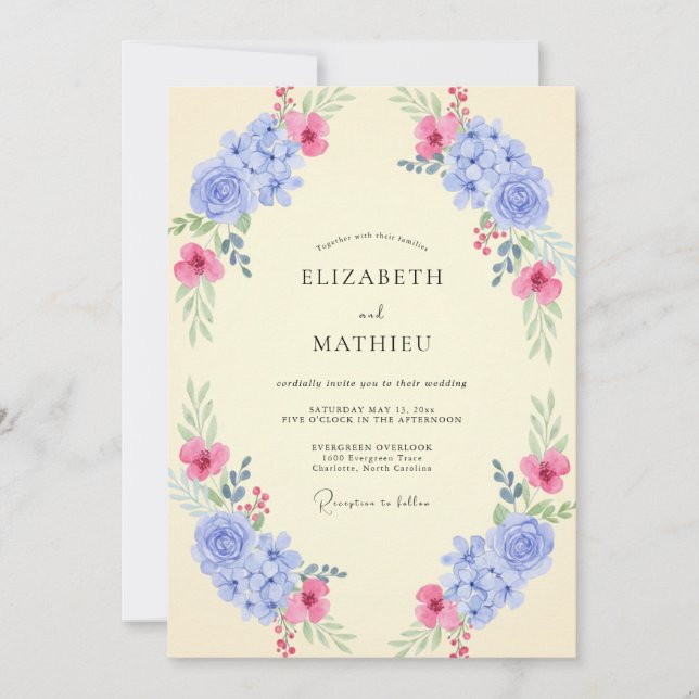 Periwinkle Fuchsia Hydrangea Eucalyptus Wedding Invitation (Front)