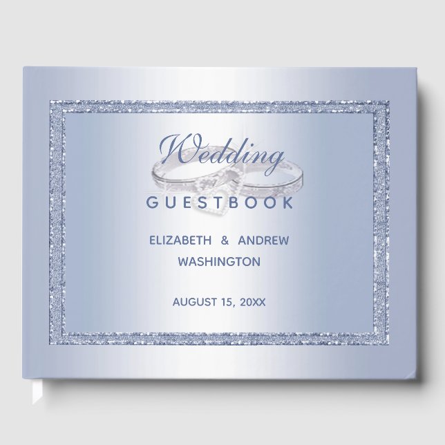 Periwinkle Glitter & Silver Wedding Rings  Guest Book (Front)