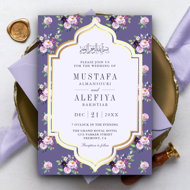 Periwinkle Gold Purple Floral Muslim Wedding Invitation (Creator Uploaded)