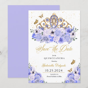 Periwinkle & Gold Tiara Save The Date Quinceañera Invitation