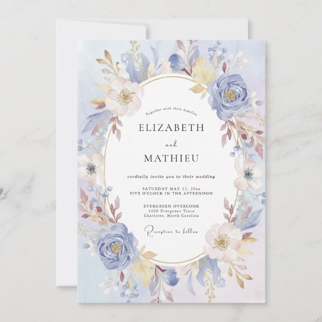 Periwinkle Gold Wreath Wedding Invitation (Front)