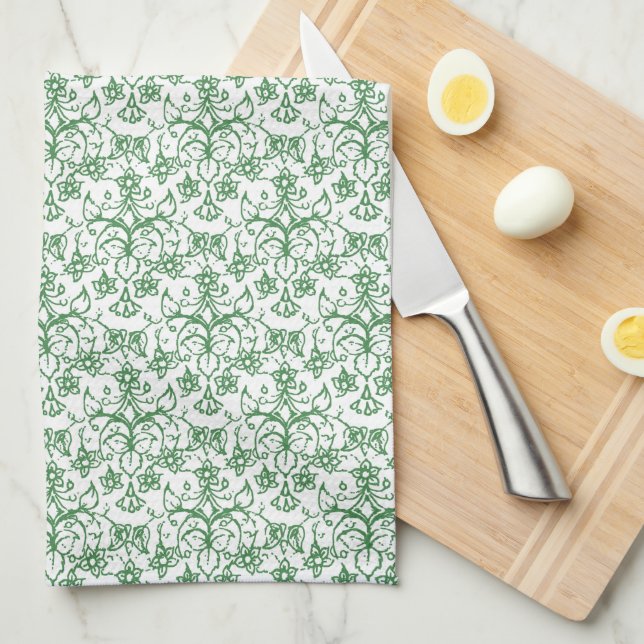 Periwinkle Green White Decorative Chic Floral Tea Towel (Quarter Fold)