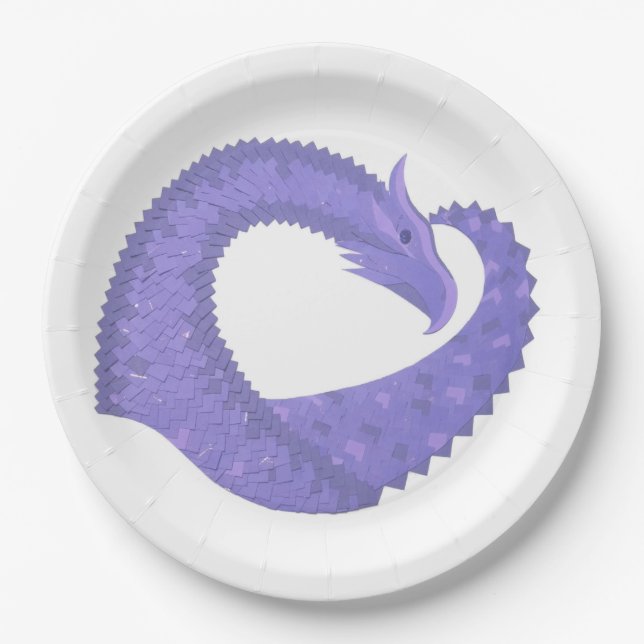 Periwinkle heart dragon on white paper plate (Front)